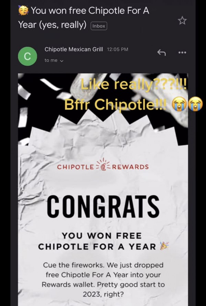 She was initially over the moon, thinking she had won a year's worth of free Chipotle...