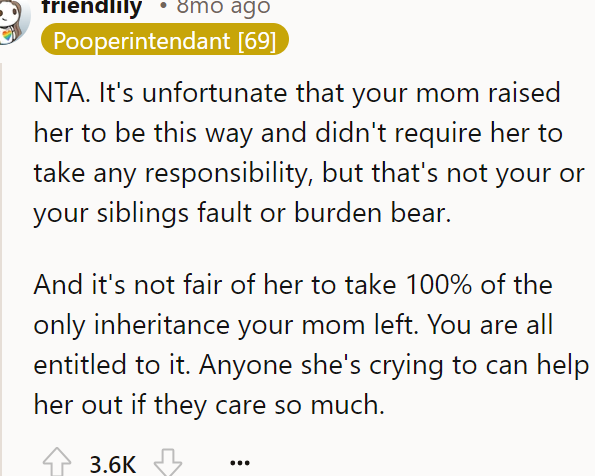 A Redditor said they all have the right to their mother's inheritance