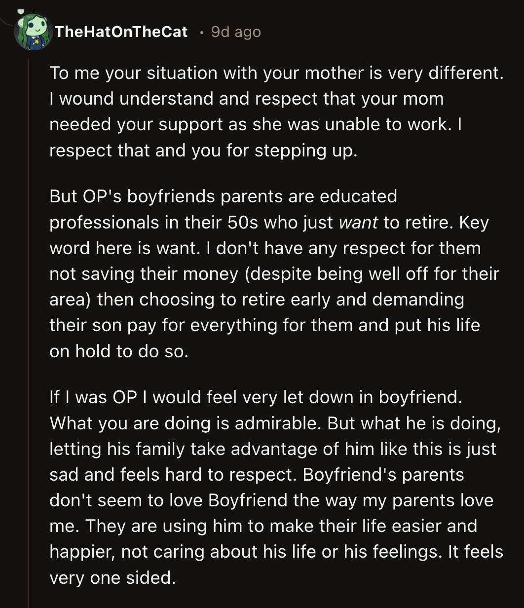 There is a glaring difference. His parents could still work, but they decided it was time for them to retire despite being financially unprepared for it.