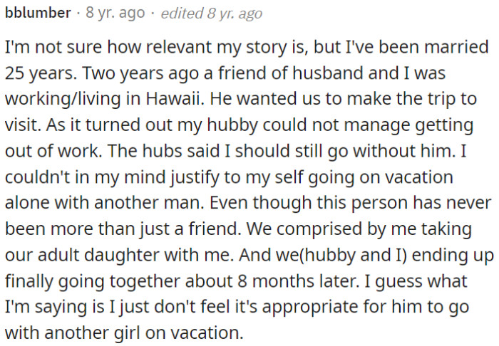 It's not appropriate for OP's partner to go on vacation with another person of the opposite gender.