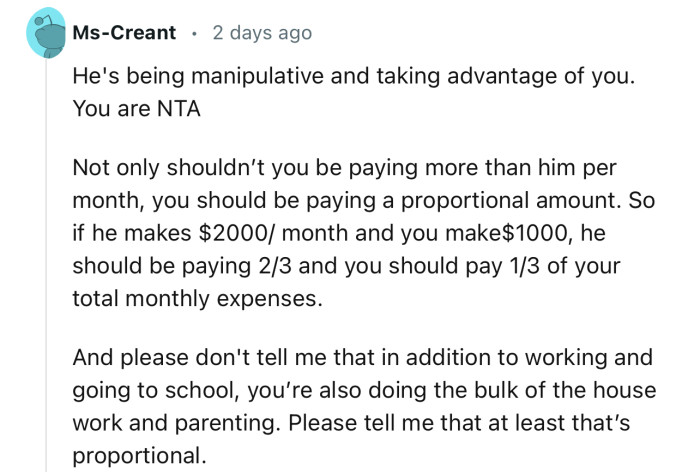 “He's Being Manipulative and Taking Advantage of You. You Are NTA.”