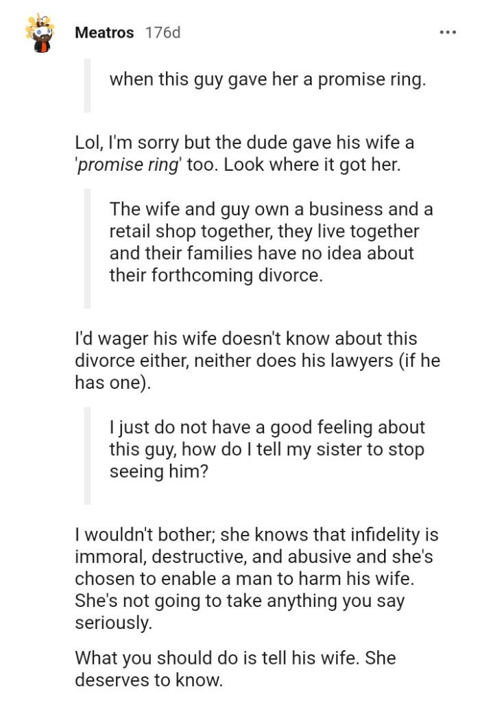 This Redditor is ready to wager that the man's wife doesn't know about the affair
