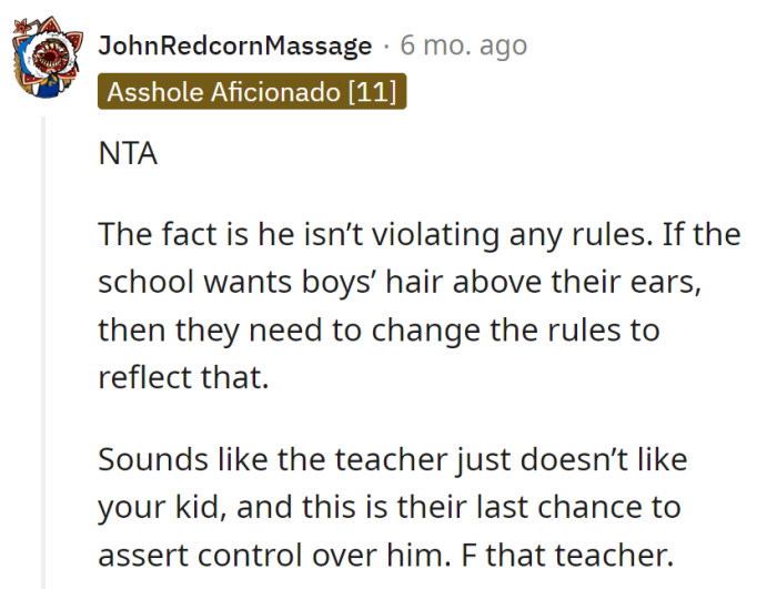 Kid's hair complies; teacher's power play fails. If ears need attention, update the rulebook, not target one teen.