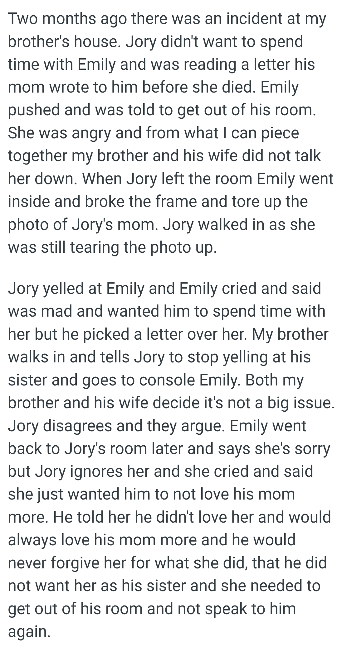 From what the OP can piece together, his brother and the wife did not talk her down