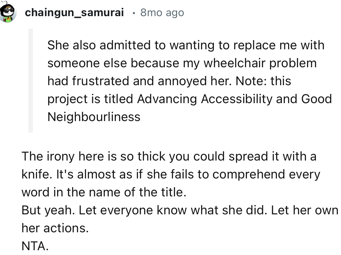 “The irony here is so thick you could spread it with a knife. It's almost as if she fails to comprehend every word in the name of the title.”