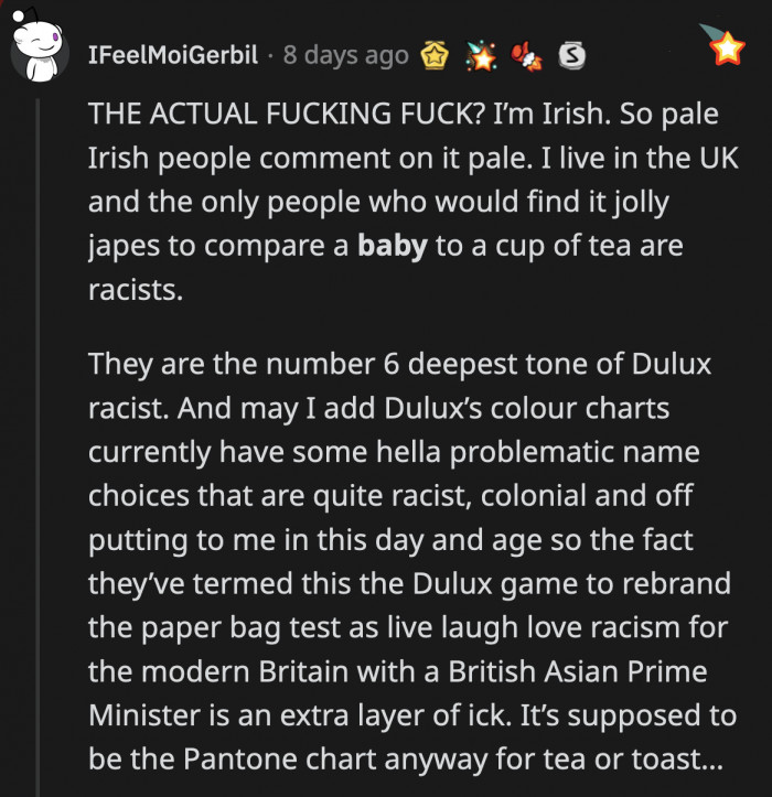 OP really has to find better friends — people who do not compare her child's skin color to tea, bread, or Pantones.