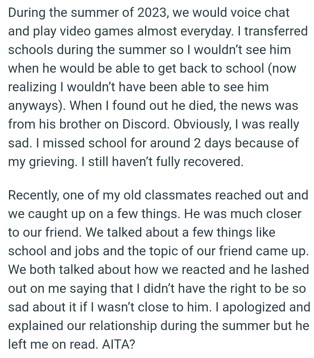 One of the OP's old classmates reached out, and they caught up on a few things