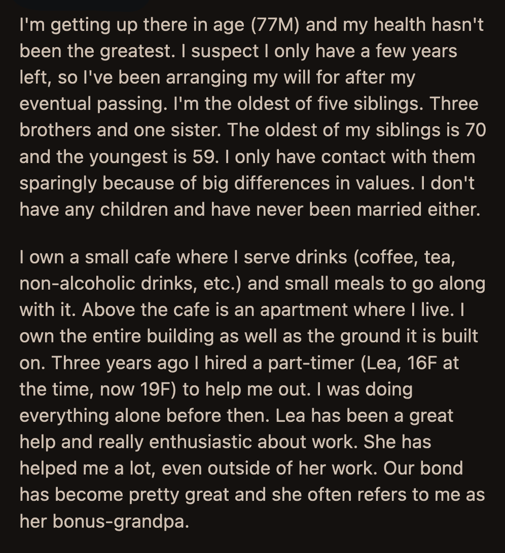 OP assumed his siblings would react poorly. Lea would be the main beneficiary, while they would be left with sentimental items like photo albums from their late parents.