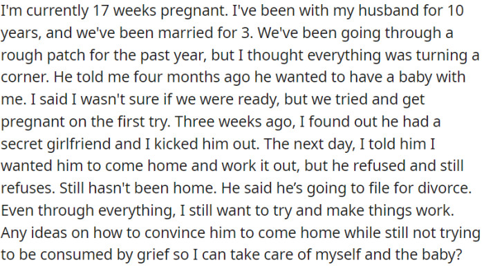 During pregnancy, OP discovers that her husband is involved in an extramarital relationship, leading to their decision to separate