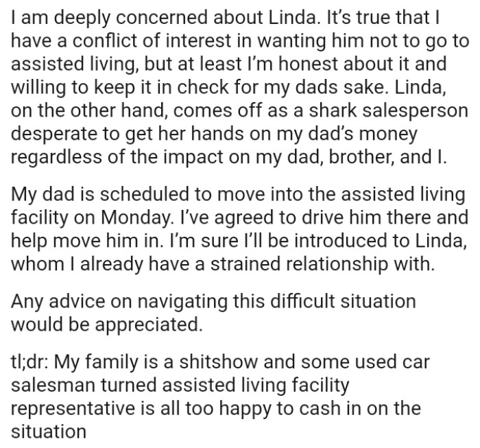 This shark salesperson is desperate to get her hands on the dad’s money regardless of the impact on OP's dad