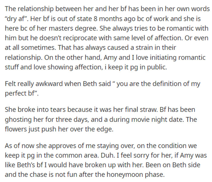 This is when we find out the real reason behind why she's so upset and what the problem is between the roommate and OP.