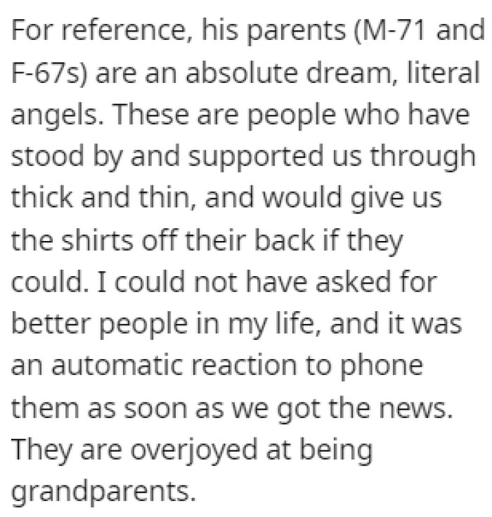 The husband's parents are supportive of them, and they were thrilled to hear that OP was pregnant