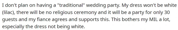 OP doesn't want a traditional wedding and a white dress, which infuriates MIL
