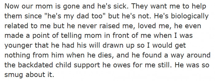 Her siblings are asking for the OP's help now that her biological father is sick.