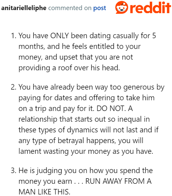 They're only casually dating, but the guy already has the audacity to financially gaslight her.