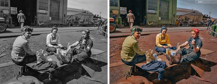 Women workers during lunch hour, Bethlehem-Fairfield shipyards, Baltimore, Maryland. Photographed by Arthur Siegel in May 1943.