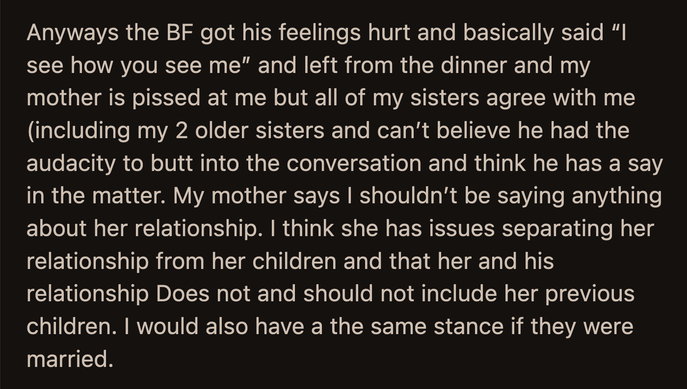 When she told her sister about what happened, E laughed and said they didn't think of their mom's boyfriend as a father figure.