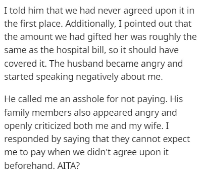 OP and his wife found themselves under heavy criticism for not paying the hospital bill