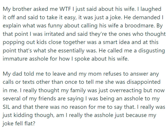 His brother was taken aback by the comment and confronted OP, demanding an explanation for the joke.