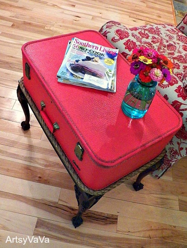3. Upcycling an old table with a thrift suitcase creates a charming project.