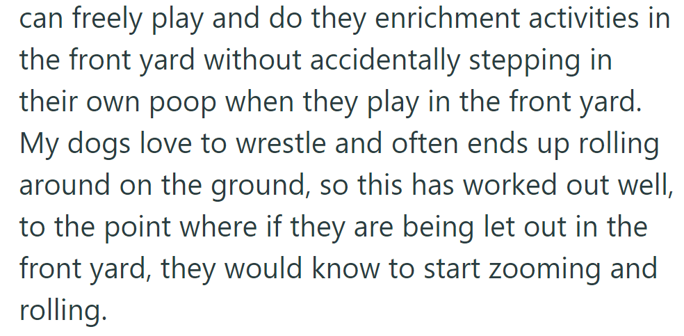 Dogs use the backyard to avoid mess in the front yard during play.