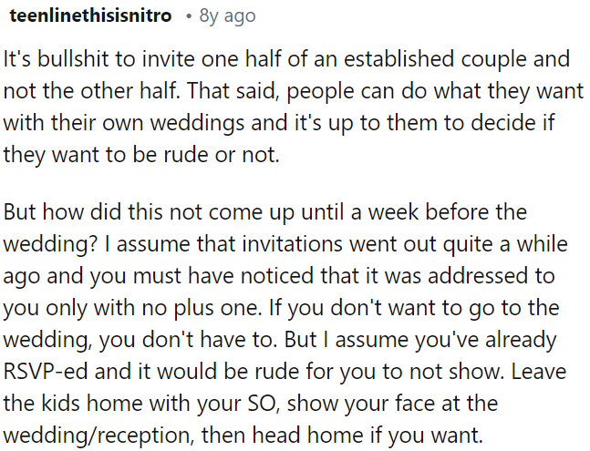 It's inconsiderate to invite only one partner of a couple to a wedding.