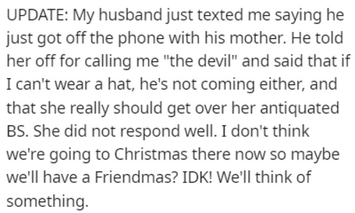 The Husband Told Off His Mother and Said That They Won't Be Coming If OP Can't Wear the Hat
