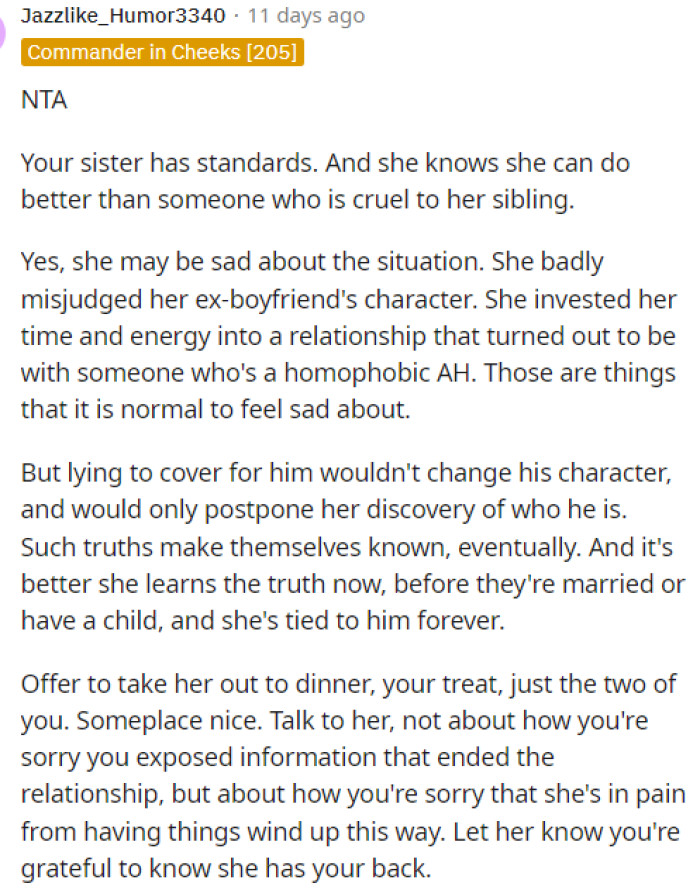 People clearly were on OP's side on all of this, and we have to agree with them because she made the decision for a reason.