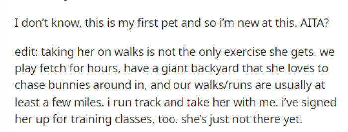 They say that they just want to know if the dad is right for criticizing them for not taking their dog on hikes or if OP is just overthinking it.