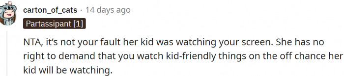 This Karen-Mom doesn't have any right demanding that everyone around her watch kid-friendly content