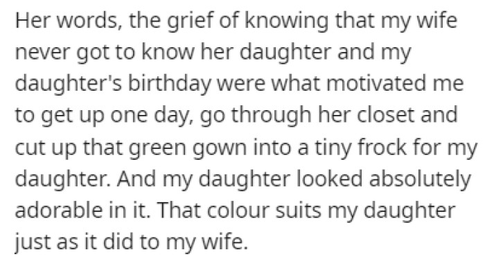 OP found the gown and cut it up into a tiny frock for his daughter to wear