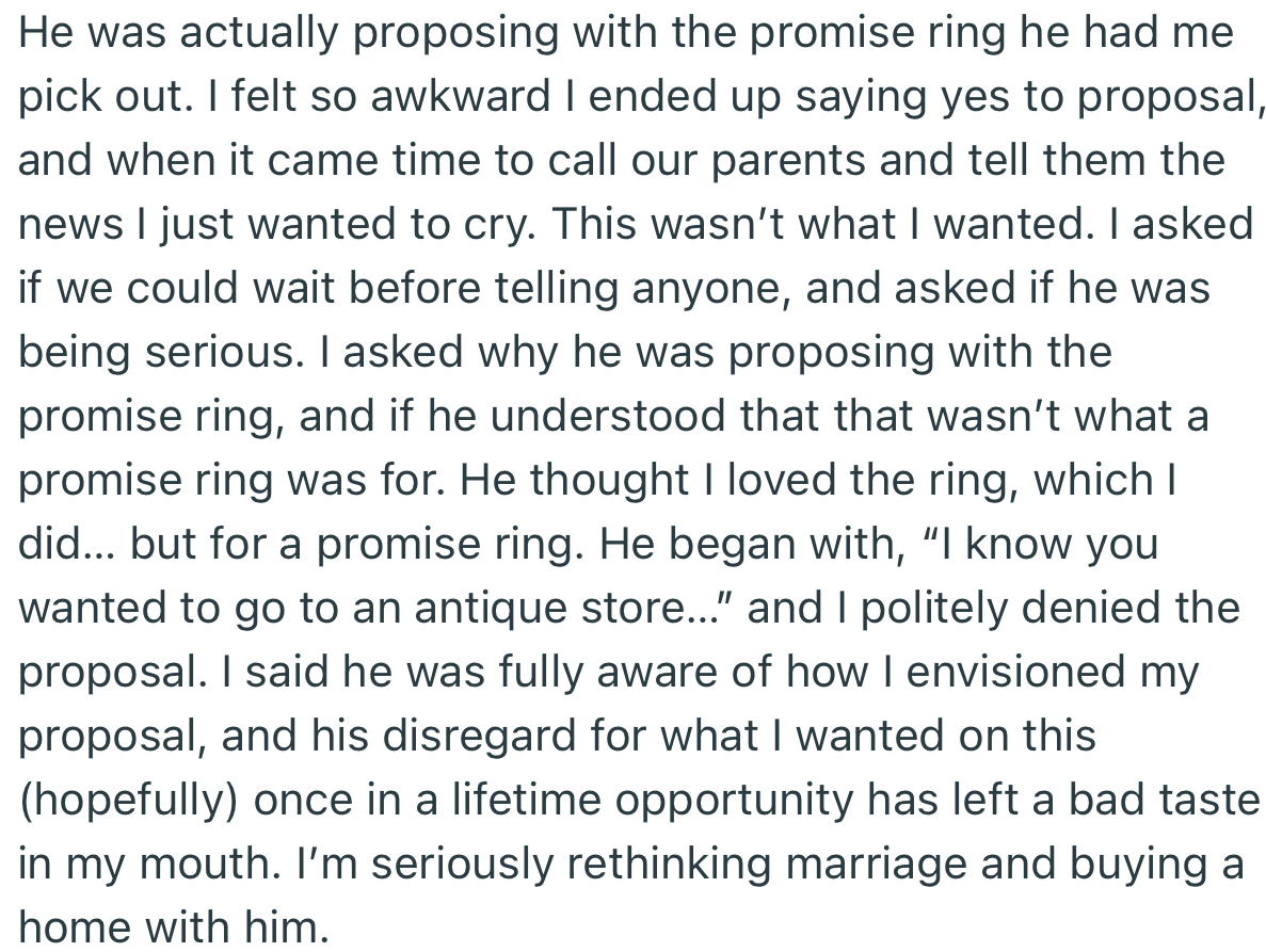 Not only was OP upset that her boyfriend proposed with a promise ring, she was disappointed at the entire setup