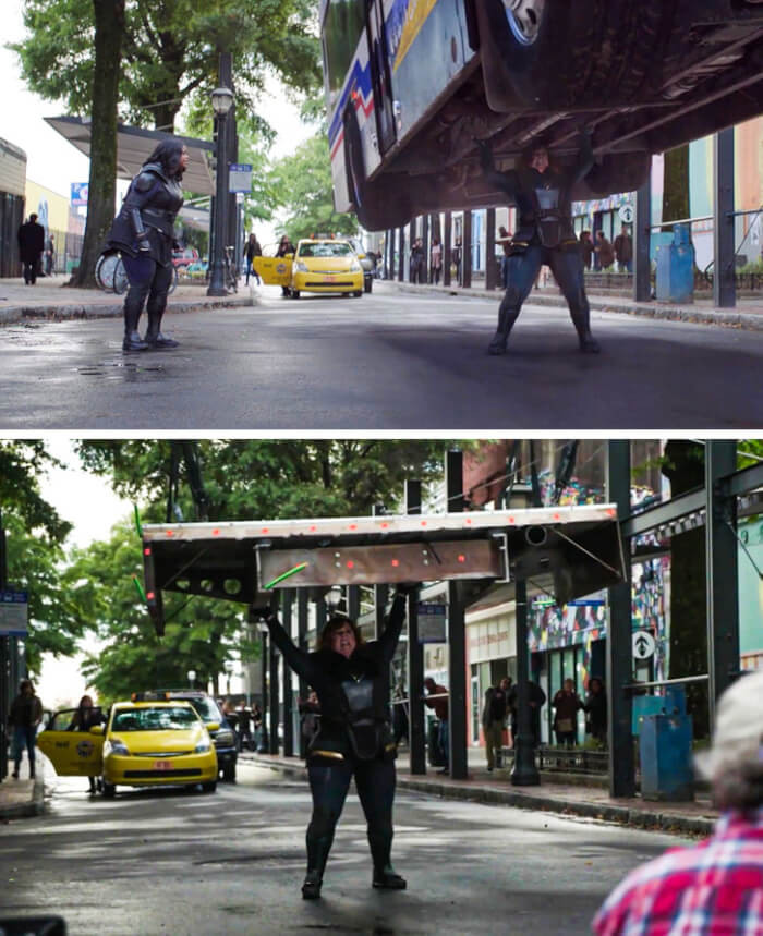 5. Melissa McCarthy lifts what would later become an entire bus after special effects in Thunder Force.