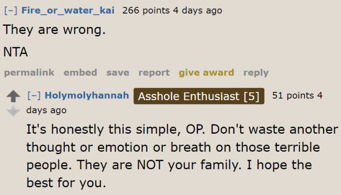 She can't consider these people family.