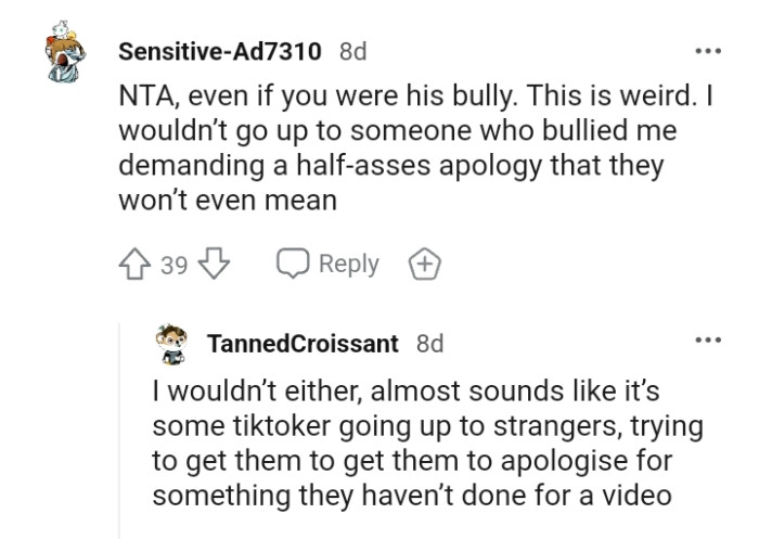 This Redditor won't go up to someone who was a bully