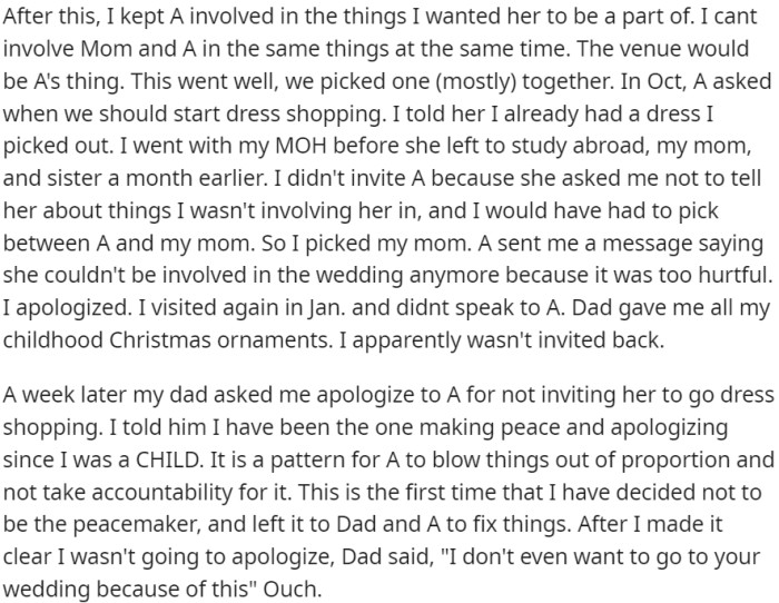Because the stepmother was not involved in choosing the wedding gown, OP's father expressed his reluctance to attend the wedding.