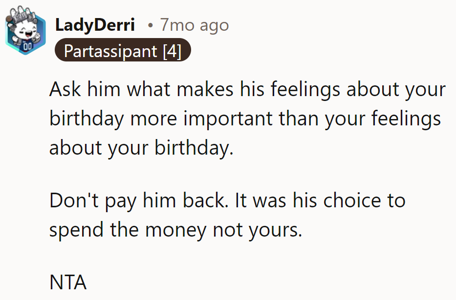 His party, his problem. No repayment needed for his ego trip!