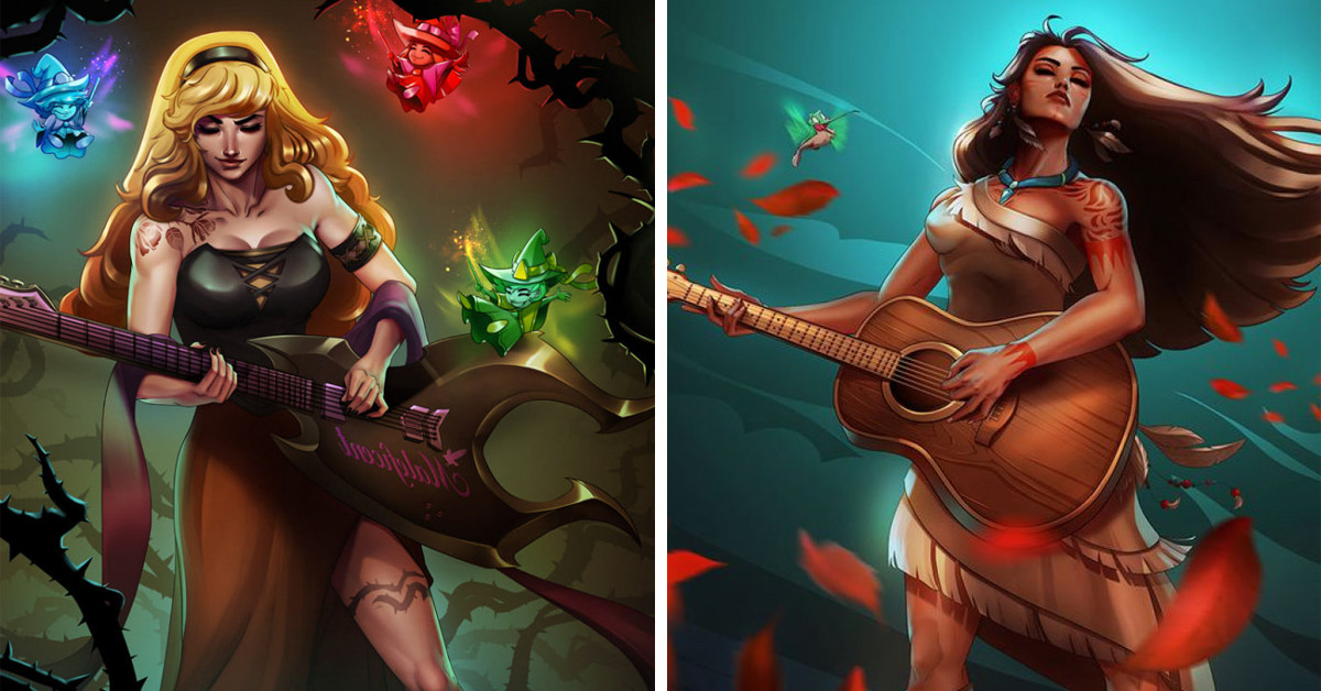 12 Rockin' Illustrations Of Disney Princesses Dressed As Rock Stars With Their Own Custom Guitars