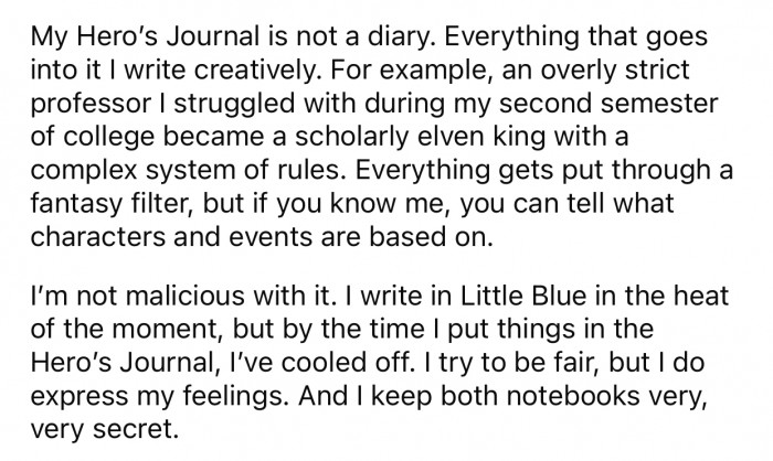 OP creatively shares her feelings in her 'Hero's journal,' where everything is filtered through a fantasy lens.