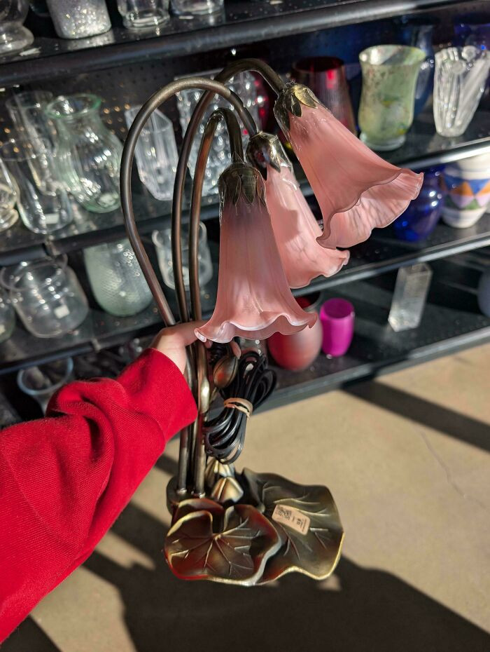 Person holding thrifted sunglasses near free-stuff items in an apartment building
