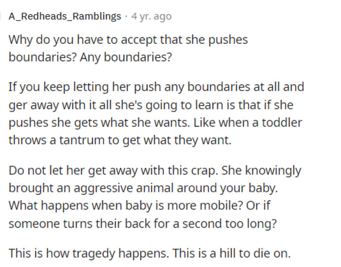 If I were OP, I would put it into perspective: obviously, she doesn't care about OP's child's safety at all if she's 'pushing boundaries' like this.