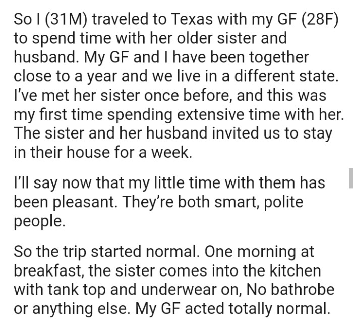 The OP and his girlfriend traveled to spend time with her older sister and her husband
