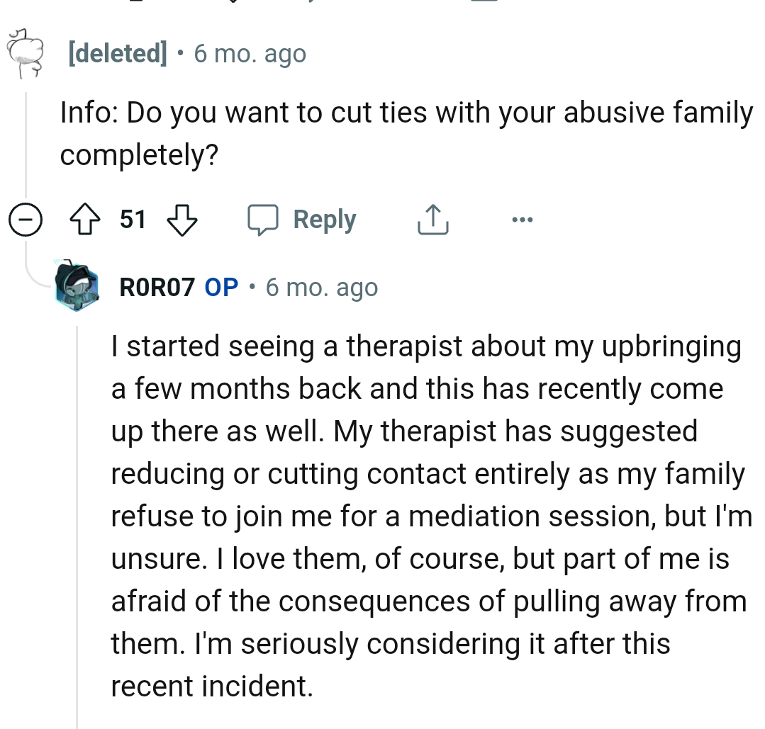 The OP is seeing a therapist about his upbringing