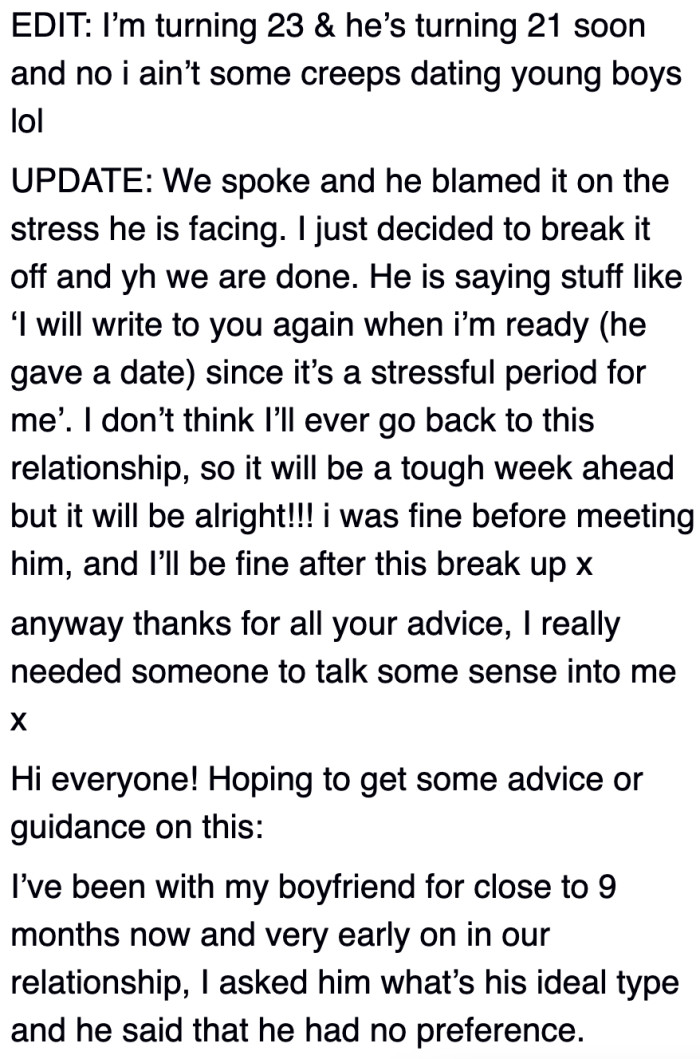 Initially, the guy didn't specify any preference for a particular appearance.