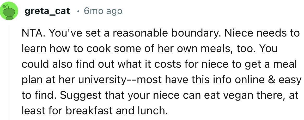 “NTA. You've set a reasonable boundary. Niece needs to learn how to cook some of her own meals.”