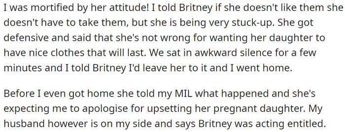 The OP told Britney she's being stuck-up, and now her MIL expects her to apologize for upsetting her daughter:
