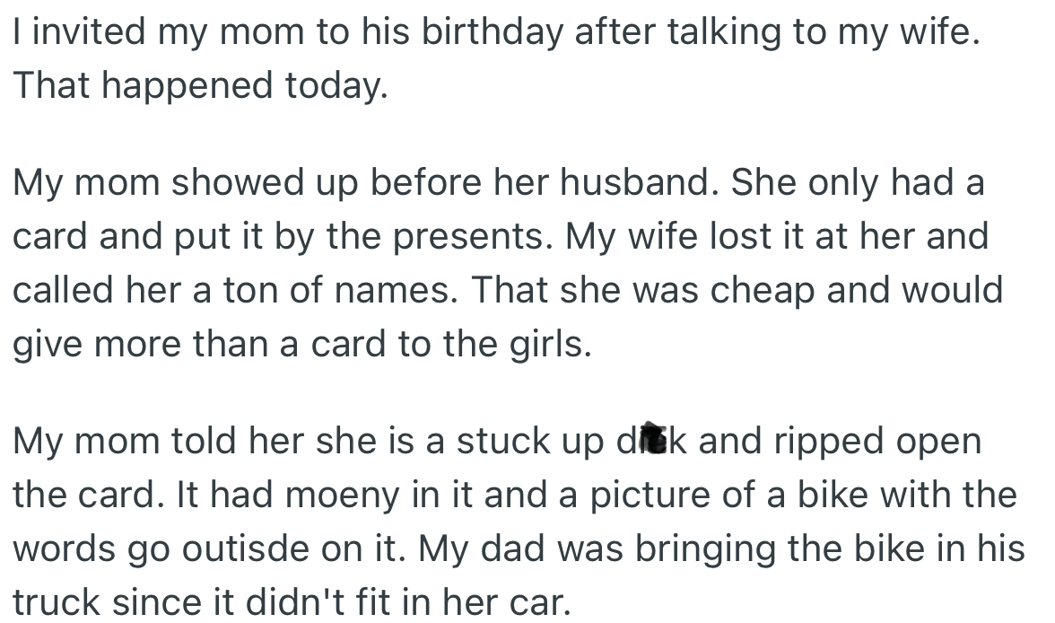 OP invited his parents to his stepson’s birthday party; however, his mom arrived first, bringing a card. This made Becky furious, and she called her mother-in-law hurtful names.