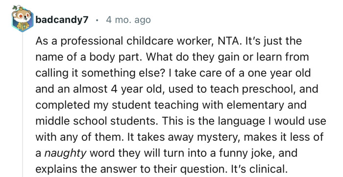 “As a professional childcare worker, NTA. It’s just the name of a body part.”
