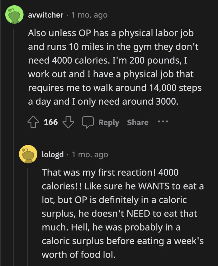 OP Needs to Recalculate How Many Calories He Needs in a Day Because This Seems Way Too Much