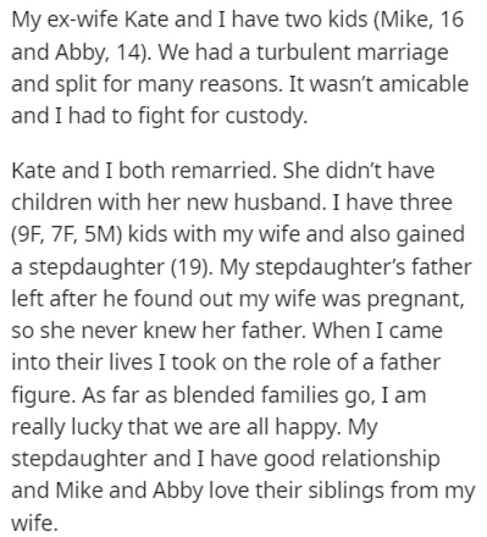 OP has two kids with his ex-wife, and they both remarried after the divorce